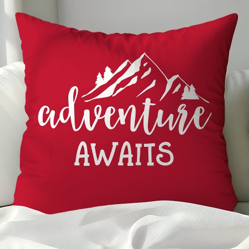 Adventure Awaits Wilderness Quote Red And White Throw Pillow