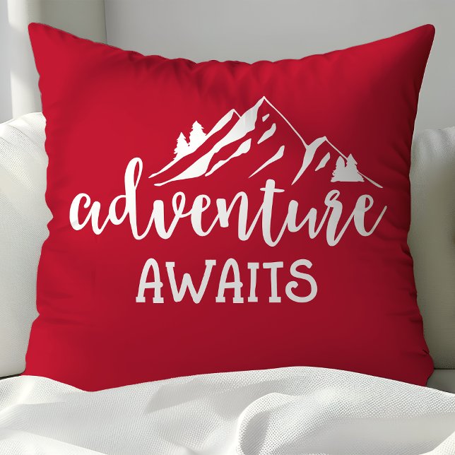 Adventure Awaits Wilderness Quote Red and White Throw Pillow (Creator Uploaded)
