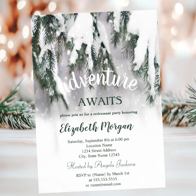 Adventure Awaits Winter Pine Tree Snow Retirement Invitation (Creator Uploaded)
