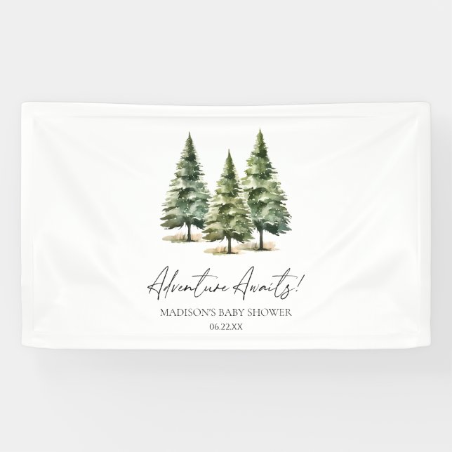Adventure Awaits! Winter Pine Trees Baby Shower Banner (Horizontal)