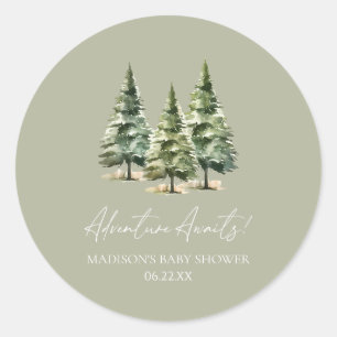 Adventure Awaits! Winter Pine Trees Baby Shower Classic Round Sticker