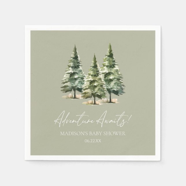 Adventure Awaits! Winter Pine Trees Baby Shower Napkins (Front)