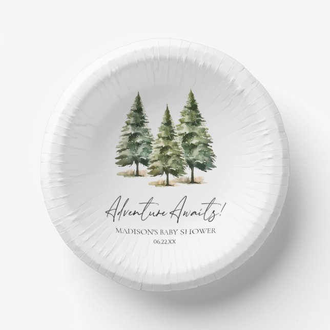 Adventure Awaits! Winter Pine Trees Baby Shower Paper Bowls (Front)