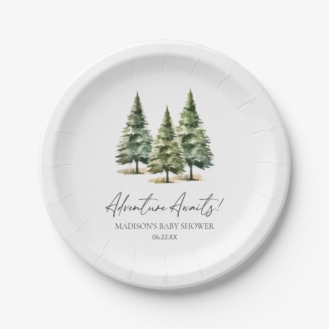 Adventure Awaits! Winter Pine Trees Baby Shower Paper Plates (Front)