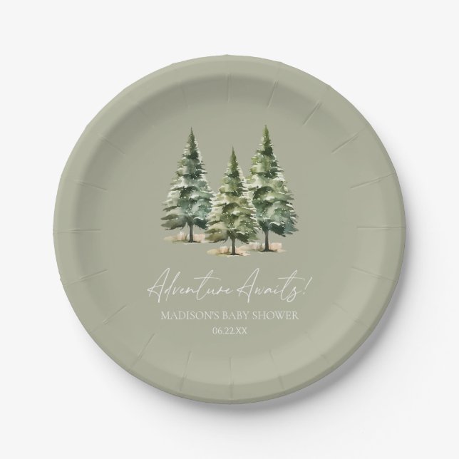 Adventure Awaits! Winter Pine Trees Baby Shower Paper Plates (Front)