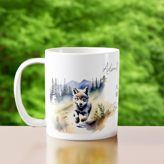 Adventure awaits wolf cub with baby shower favors coffee mug (Wolf cub adventure awaits baby shower favors personalized coffee mug watercolor cute wolf cub)