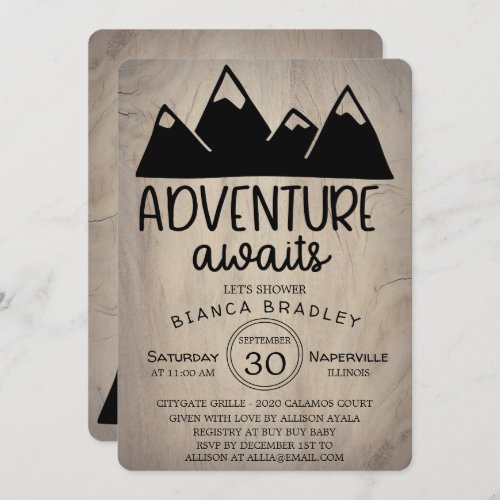 Adventure Awaits Wood Mountain Baby Shower Invitation