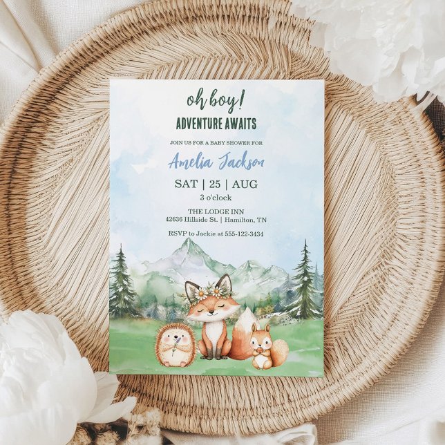 Adventure Awaits Woodland Animal Baby Shower  Invitation (Oh Boy! Adventure Awaits Woodland Animal Baby Shower Invitation)