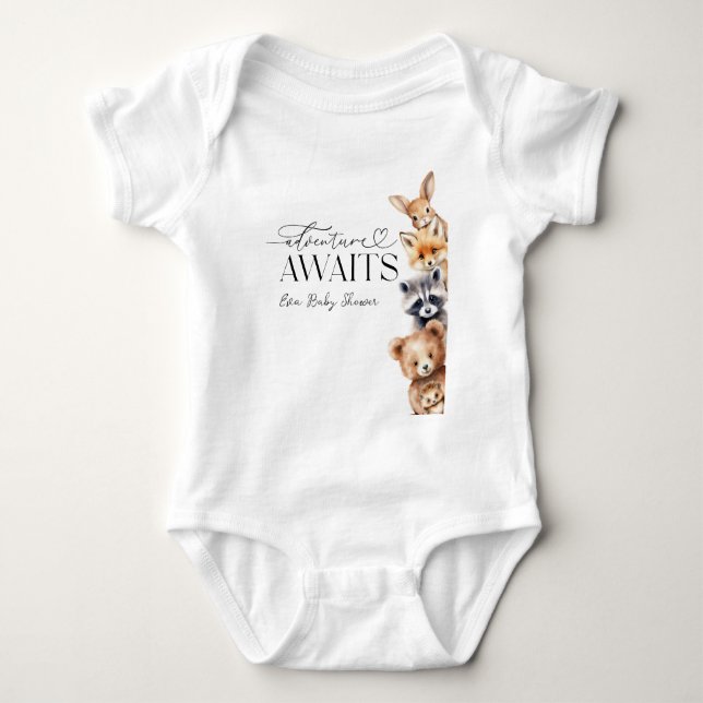 Adventure Awaits Woodland Animals Baby Shower Baby Bodysuit (Front)