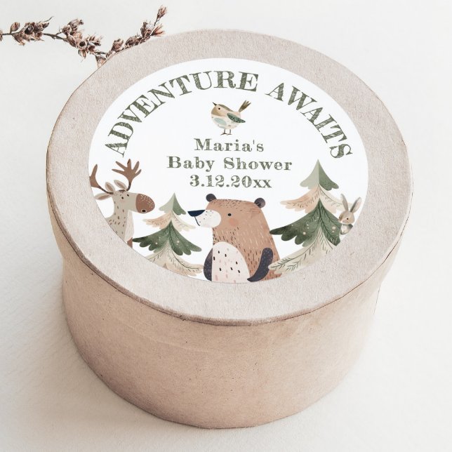 Adventure awaits Woodland animals Baby shower Classic Round Sticker (Creator Uploaded)