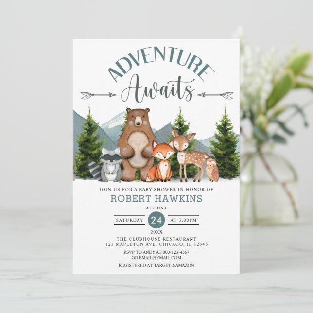Adventure Awaits Woodland Animals Baby shower Invitation (Standing Front)