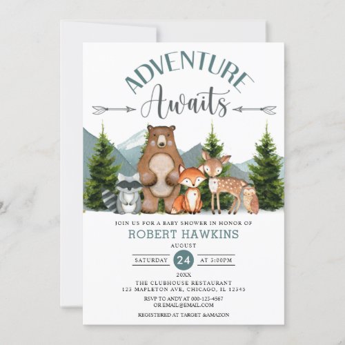 Adventure Awaits Woodland Animals Baby shower Invitation