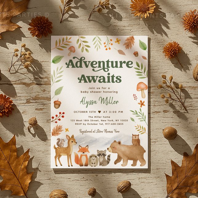 Adventure Awaits Woodland Animals Baby Shower Invitation (Sweet woodland animal baby shower invitation in cozy autumn colors 🍁🦔🦊)