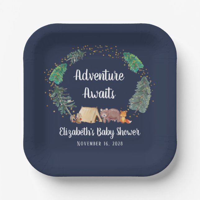 Adventure Awaits Woodland Animals Baby Shower Paper Plates (Front)