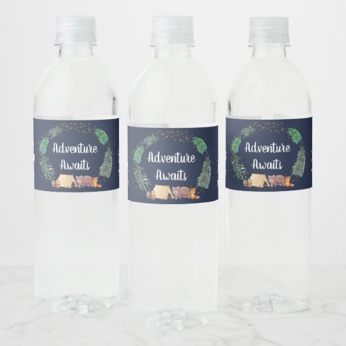 Adventure Awaits Woodland Animals Baby Shower Water Bottle Label