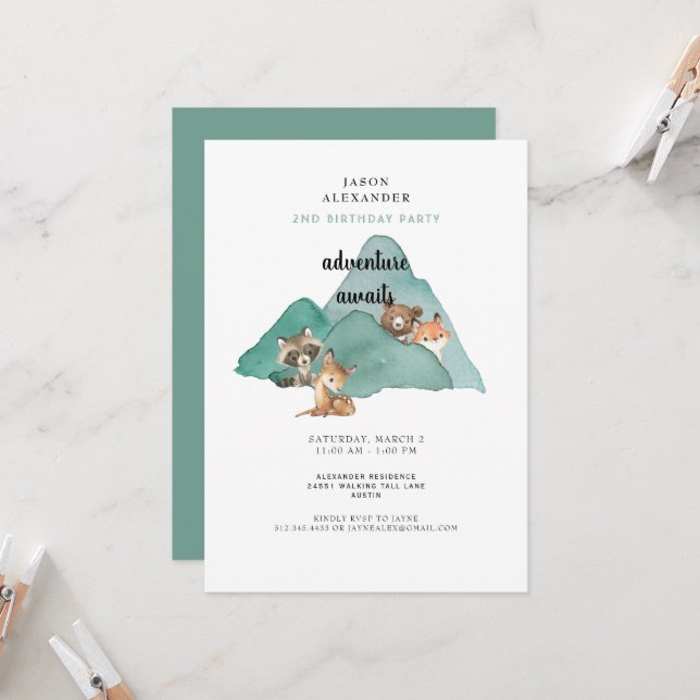Adventure Awaits Woodland Animals Birthday  Invitation (Front/Back In Situ)