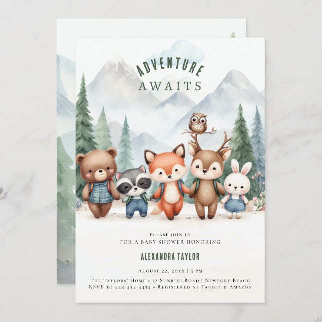 Adventure Awaits Woodland Animals Boy Baby Shower Invitation (Front/Back)