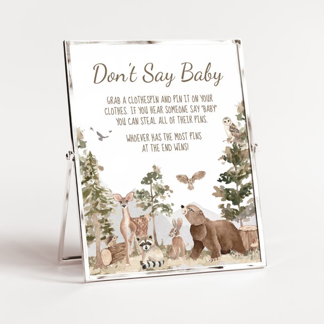 Adventure Awaits Woodland Animals Don't Say Baby Poster (Woodland Animals Adventure Awaits Baby Shower Don't Say Baby Sign)