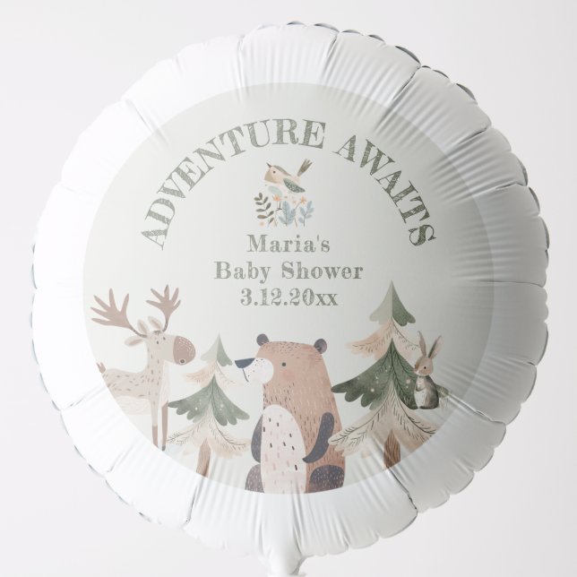 Adventure awaits Woodland animals Sage Baby shower Balloon (Front)