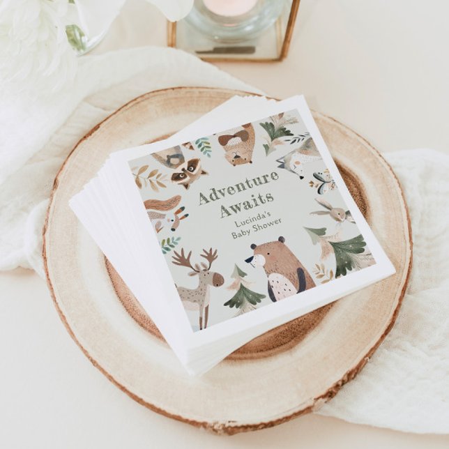 Adventure awaits Woodland animals Sage Baby shower Napkins (Creator Uploaded)