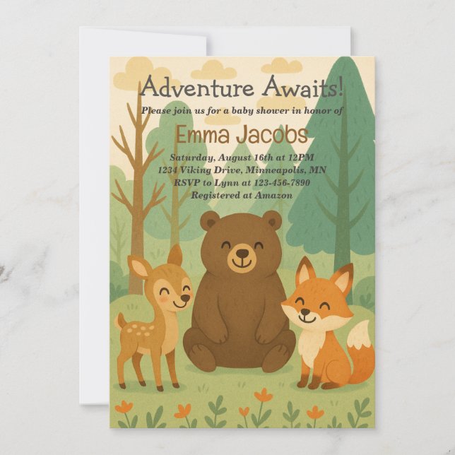 Adventure Awaits Woodland Baby Shower Invitation (Front)
