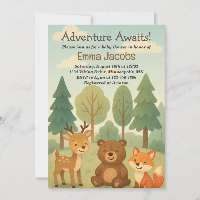 Adventure Awaits Woodland Baby Shower Invitation (Front)