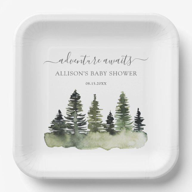 Adventure Awaits Woodland Baby Shower Paper Plates (Front)