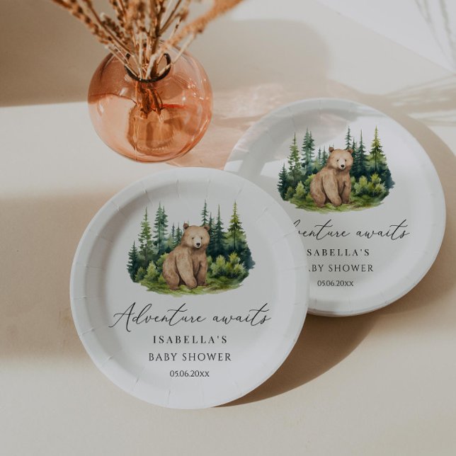 Adventure Awaits Woodland Bear Baby Shower Paper Plates (Creator Uploaded)