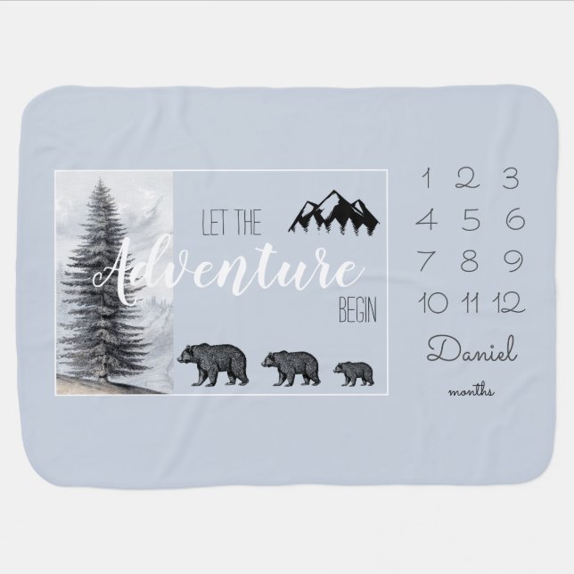 Adventure Awaits Woodland Bear Milestones Baby Blanket (Horizontal)