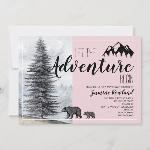 Adventure Awaits Woodland Bear Pink Baby Shower Invitation