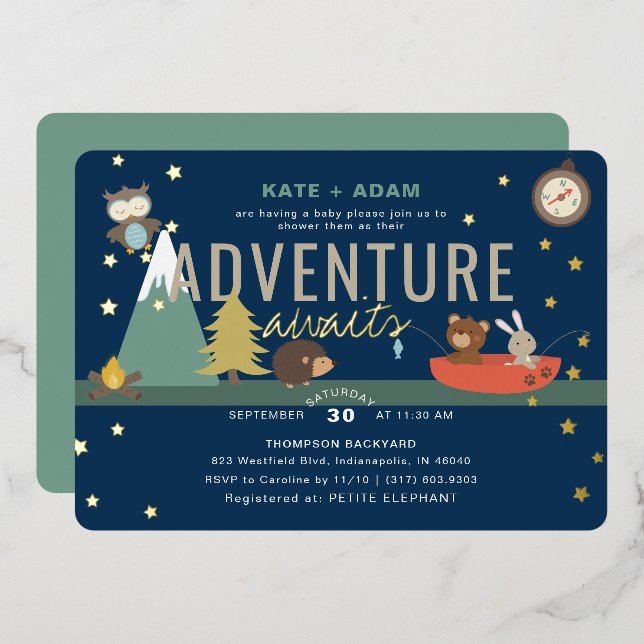 Adventure Awaits Woodland Boy Navy Baby Shower Foil Invitation (Front/Back)