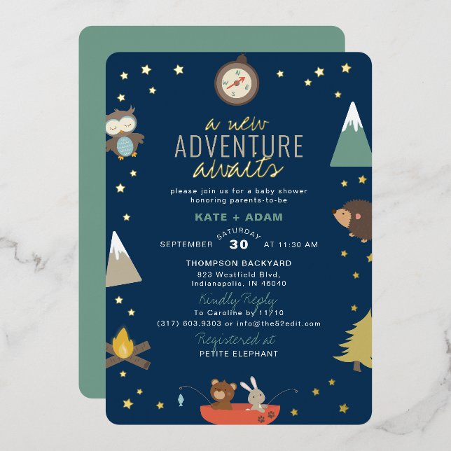 Adventure Awaits Woodland Boy Navy Baby Shower Foil Invitation (Front/Back)
