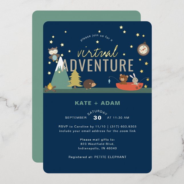 Adventure Awaits Woodland Boy Virtual Baby Shower  Foil Invitation (Front/Back)