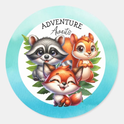 Adventure Awaits  Woodland Creatures Baby Shower Classic Round Sticker