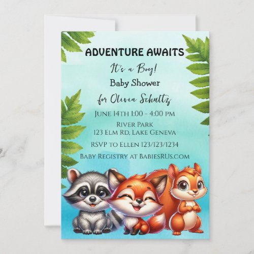 Adventure Awaits  Woodland Creatures Baby Shower Invitation