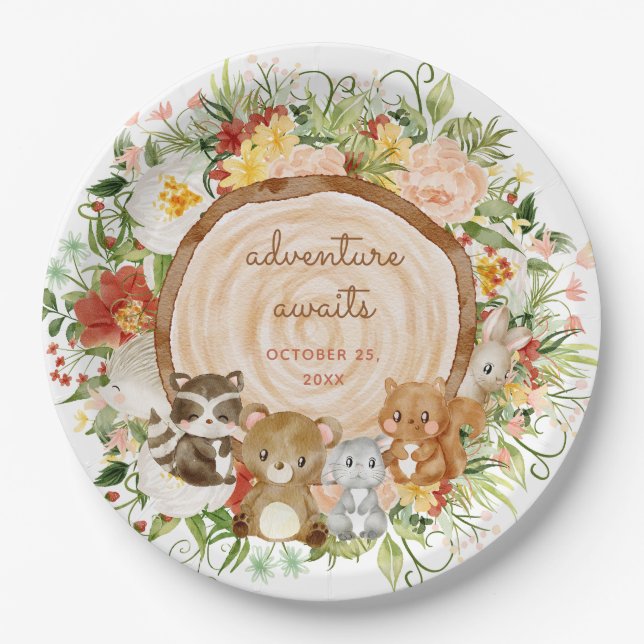 Adventure Awaits Woodland Creatures Baby Shower Paper Plates (Front)