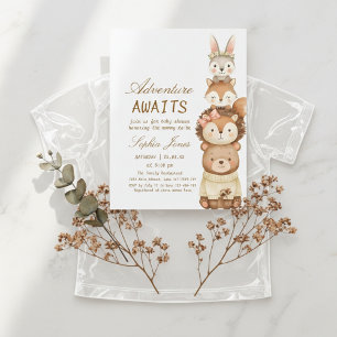 Adventure Awaits Woodland Cute Animals Baby Shower Invitation
