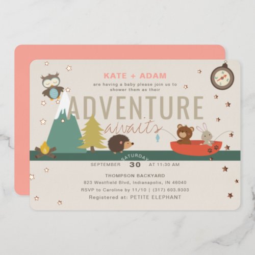 Adventure Awaits Woodland Girl Pink Baby Shower Foil Invitation