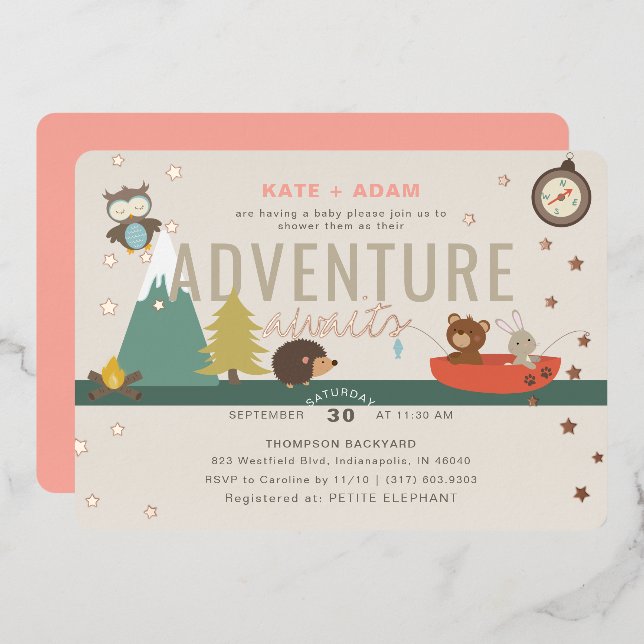 Adventure Awaits Woodland Girl Pink Baby Shower Foil Invitation (Front/Back)