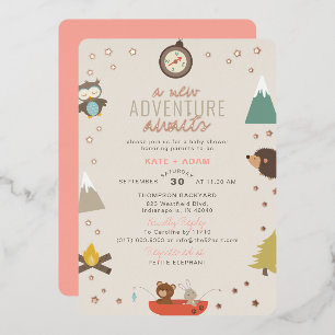 Adventure Awaits Woodland Girl Pink Baby Shower Foil Invitation