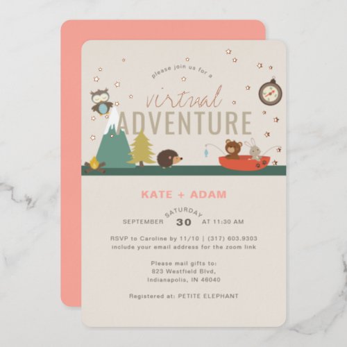 Adventure Awaits Woodland Girl Virtual Baby Shower Foil Invitation
