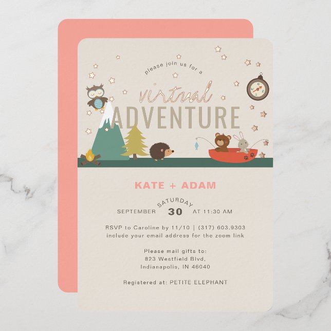 Adventure Awaits Woodland Girl Virtual Baby Shower Foil Invitation (Front/Back)