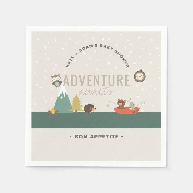 Adventure Awaits Woodland Neutral Baby Shower Napkins (Front)
