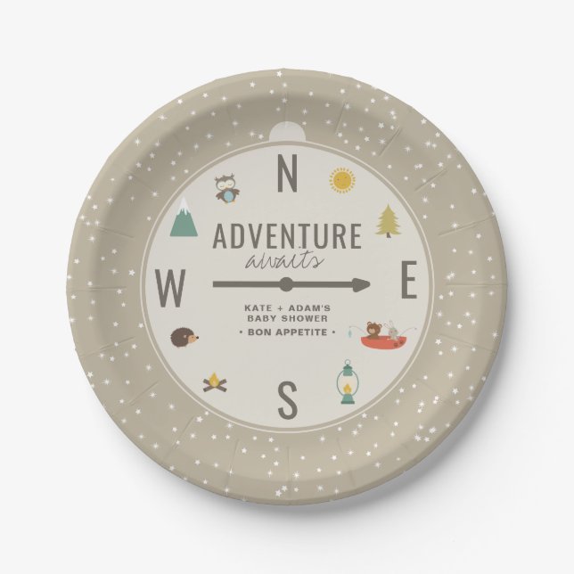 Adventure Awaits Woodland Neutral Baby Shower Paper Plates (Front)
