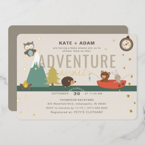 Adventure Awaits Woodland Neutral Taup Baby Shower Foil Invitation