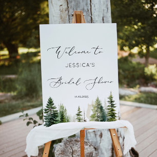 Adventure awaits woodland pine tree bridal welcome poster