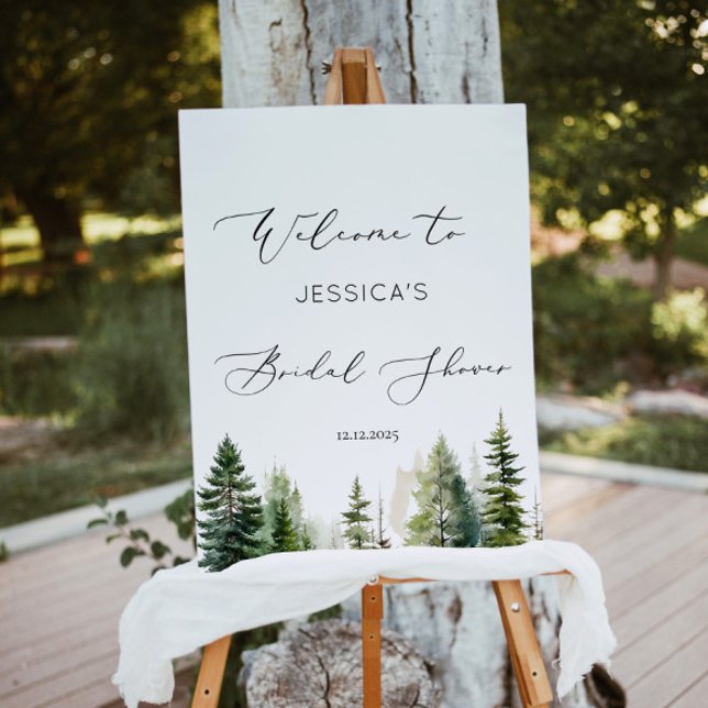 Adventure awaits woodland pine tree bridal welcome poster (Creator Uploaded)
