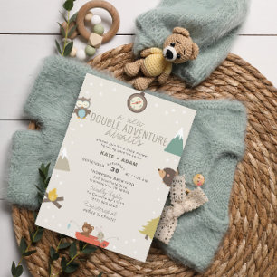 Adventure Awaits Woodland Twin Neutral Baby Shower Invitation