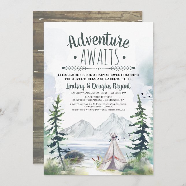 Adventure Awaits Woodsy Mountains Baby Shower Invitation (Front/Back)