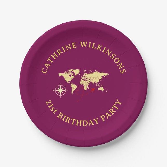 Adventure Awaits world map 21st Birthday Plates (Front)